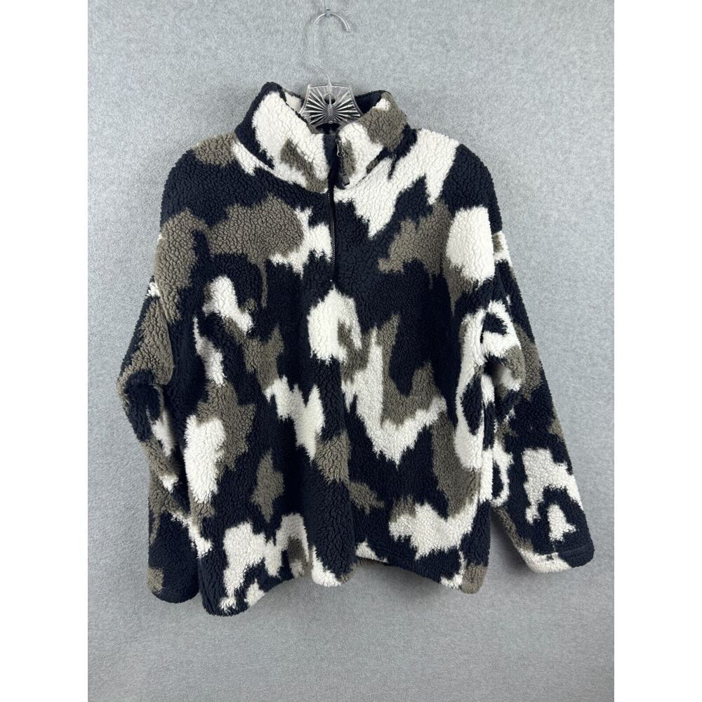 Eddie Bauer Women's L Camo‎ Quarter Zip Plush Fleece Pullover Black White Brown